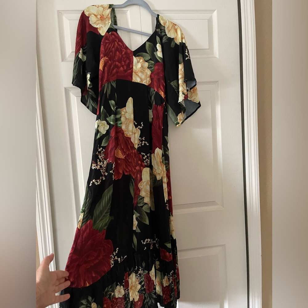 Floral Wrap Midi Dress in Black with Red & Yellow Blooms - Picture 3 of 6